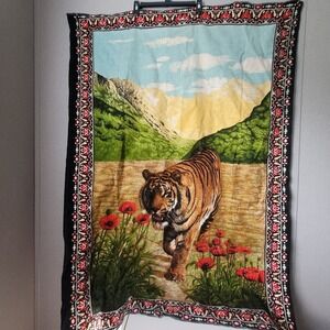 Vintage Tiger in Red Poppies Tapestry Wall Hanging Retro Botanical Wildlife Art